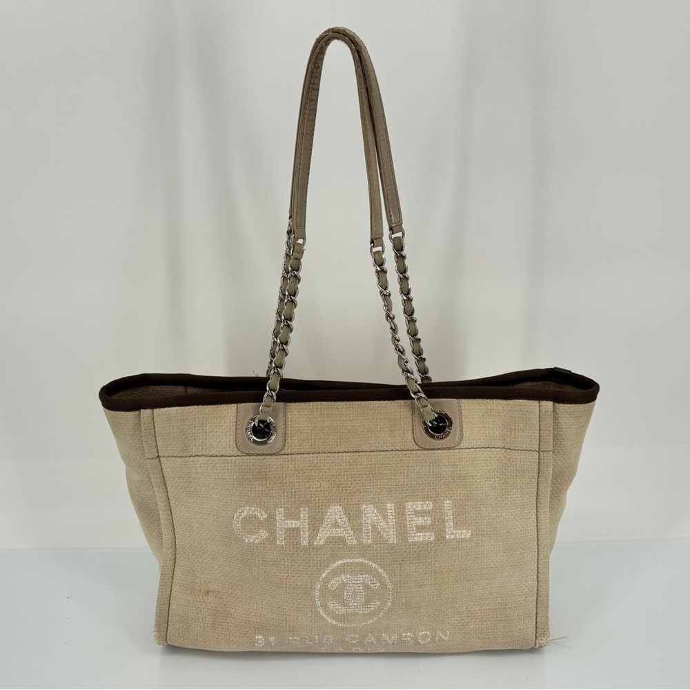 Chanel Beige Canvas Tote with Chain Straps